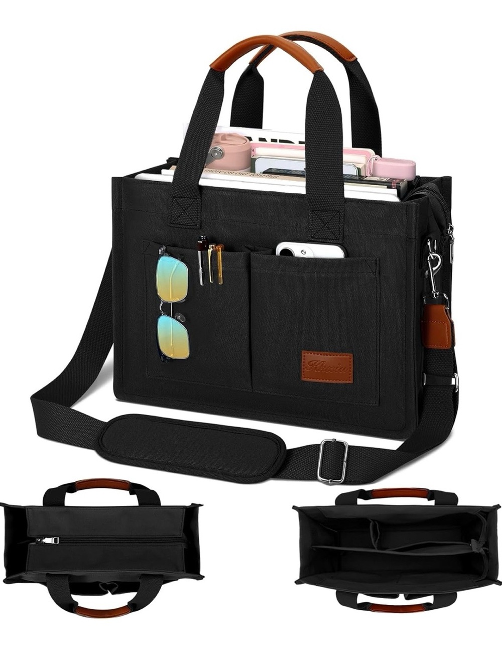 Black Tote Bag with Brown Handles